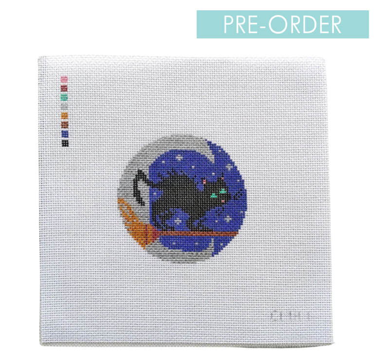 TEW Designs Cat Moon Halloween needlepoint canvas 18 mesh 3 inch round