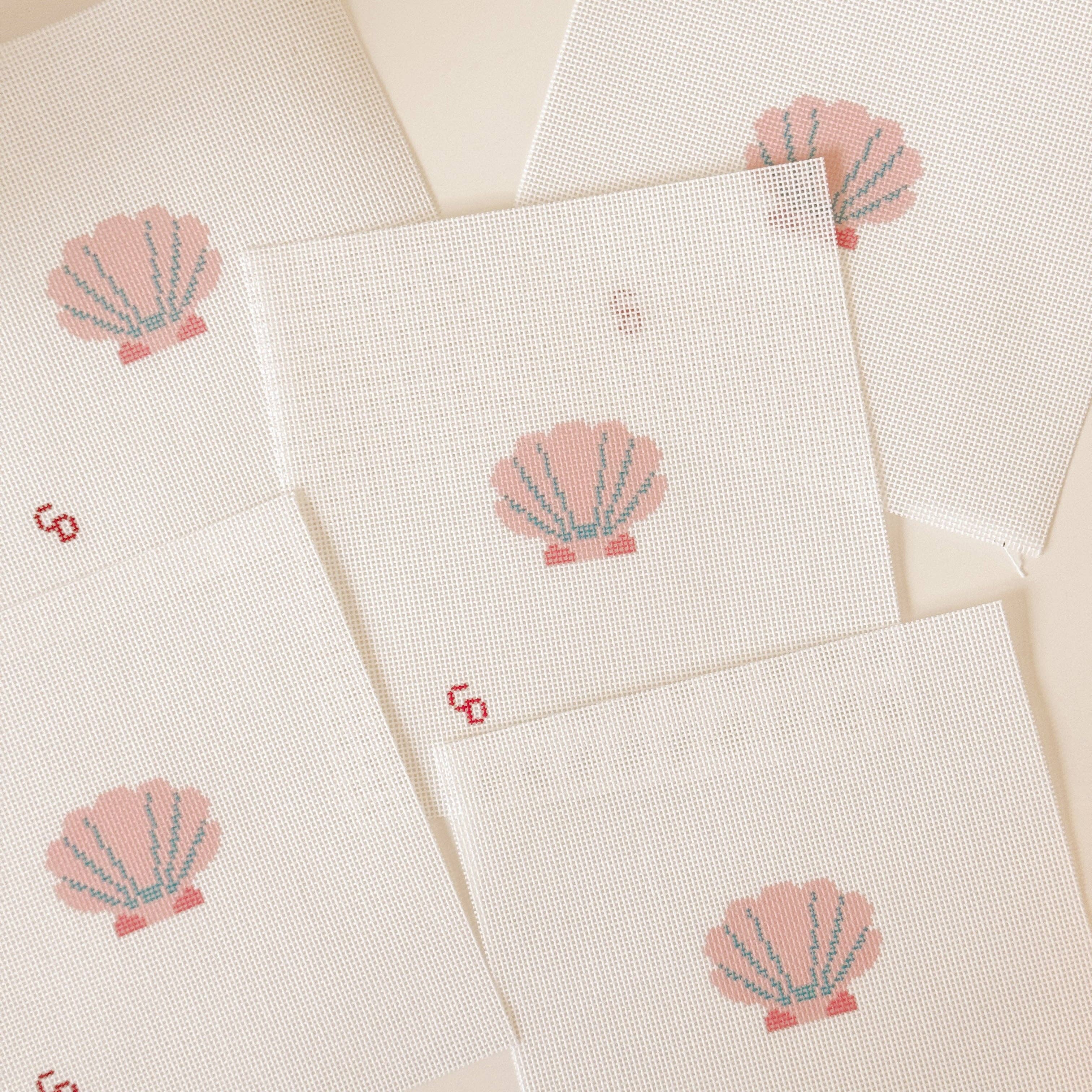 Mini Pink Seashell Stamp Needlepoint Canvas | Hand-Painted 18 Mesh Canvas, Seashell Needlepoint Canvas, Bag Charm Needlepoint Canvas