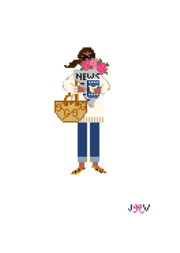JV126 - News & Flowers Girl Dark Needlepoint Canvas