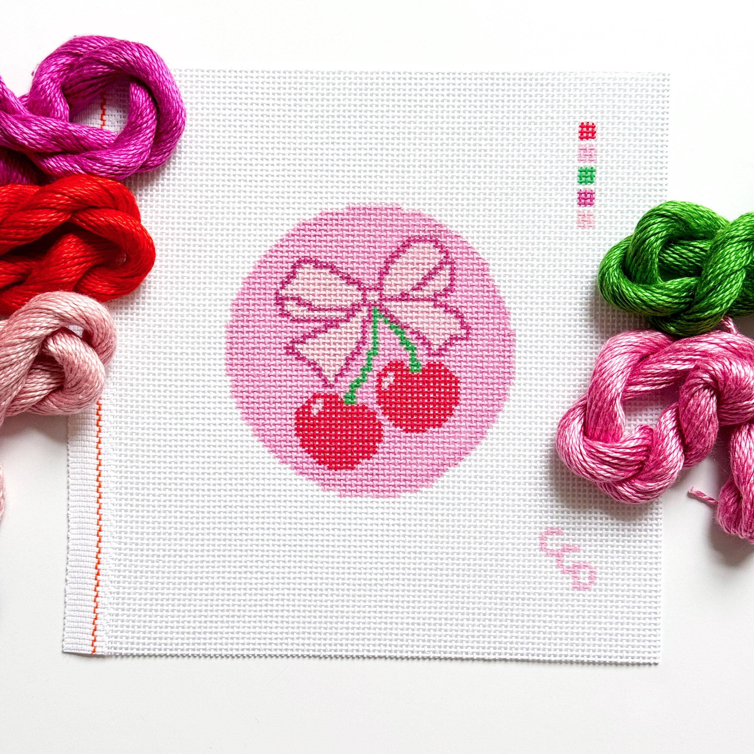 Cherry Bow Needlepoint Canvas, 13 Mesh Cherry Needlepoint, Beginner Needlepoint Round, Needlepoint Ornament, Needlepoint Coquette