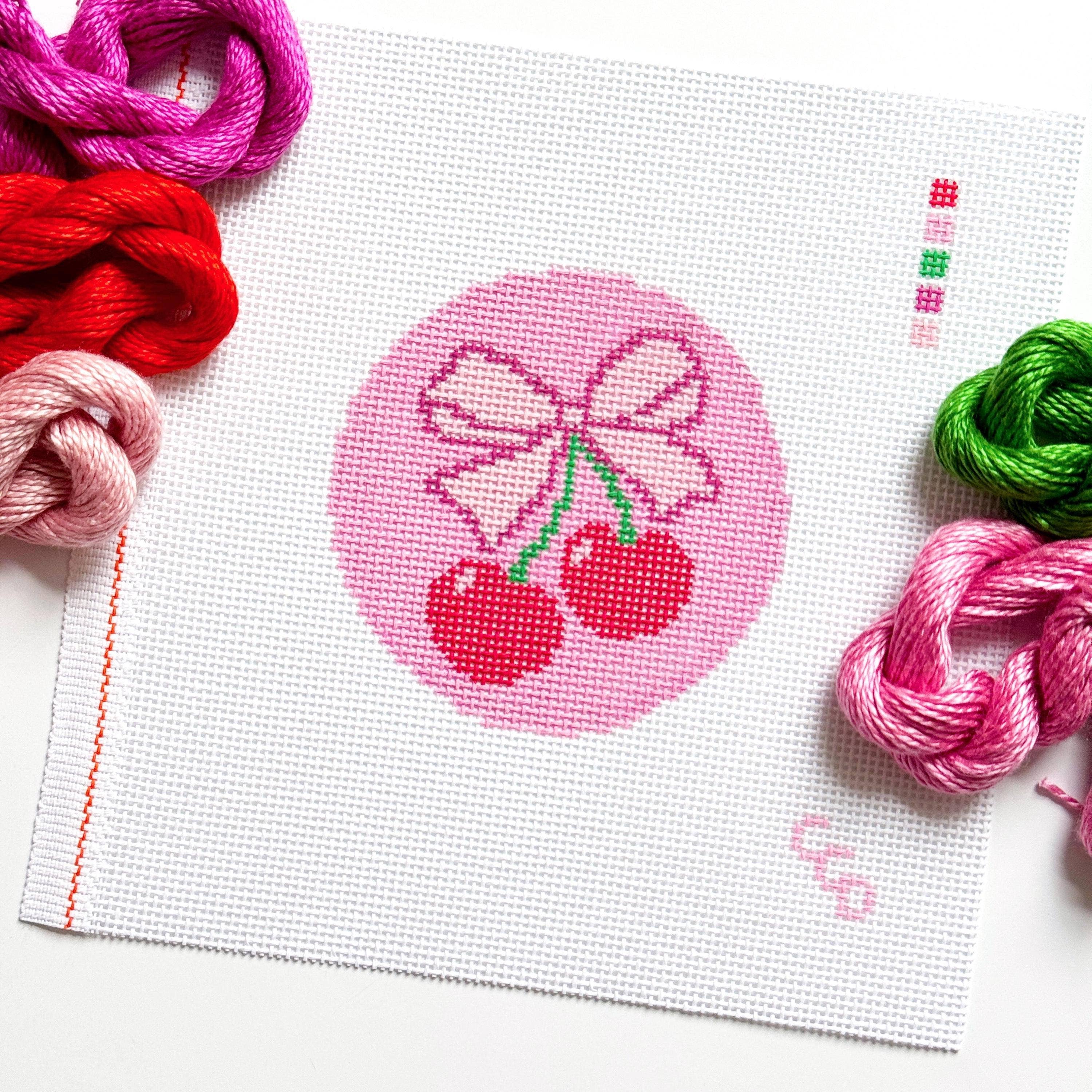 Cherry Bow Needlepoint Canvas, 13 Mesh Cherry Needlepoint, Beginner Needlepoint Round, Needlepoint Ornament, Needlepoint Coquette