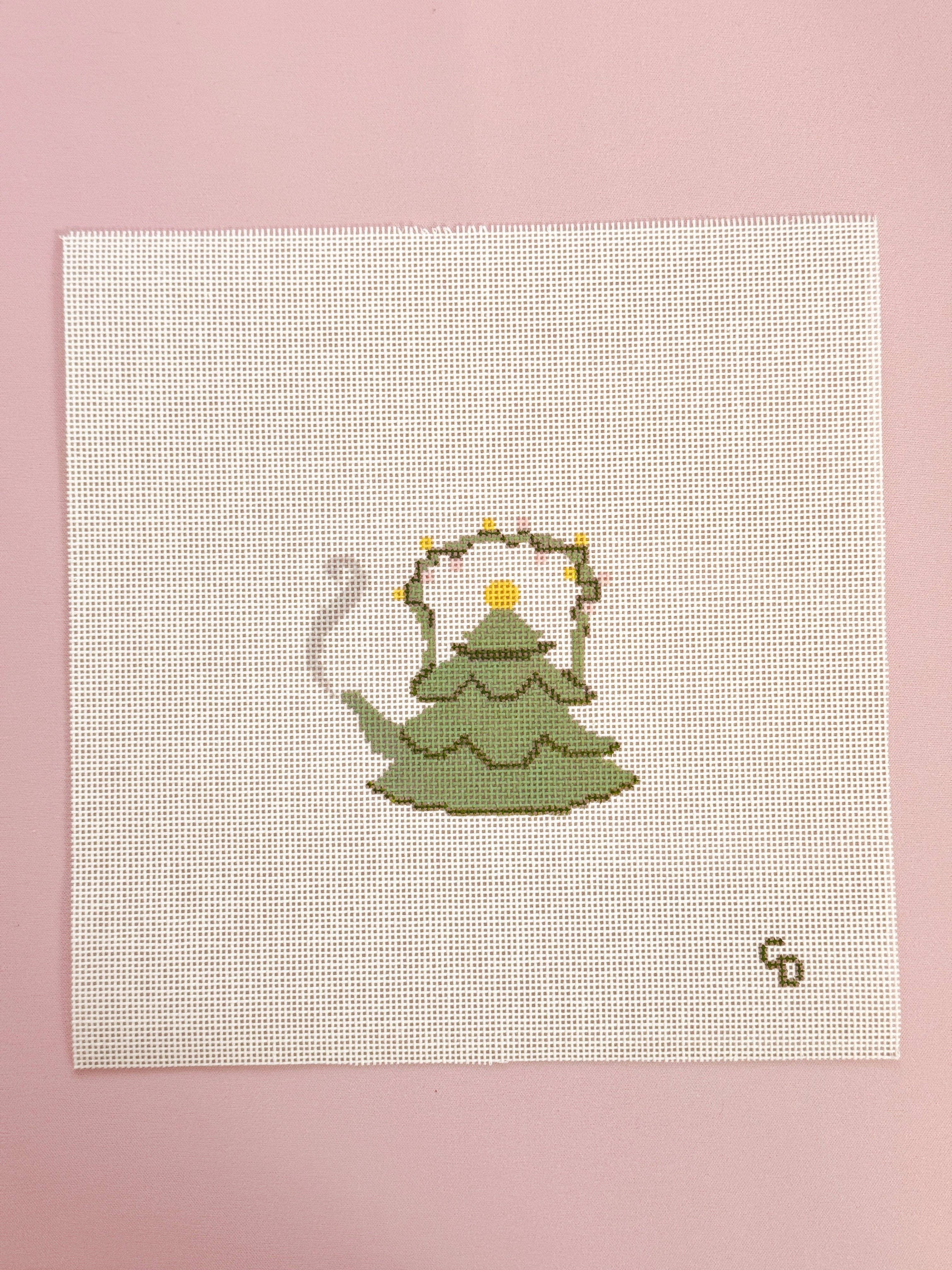 Christmas Tree Tea Kettle 18 Mesh Needlepoint Canvas – 2.5” x 3” Design