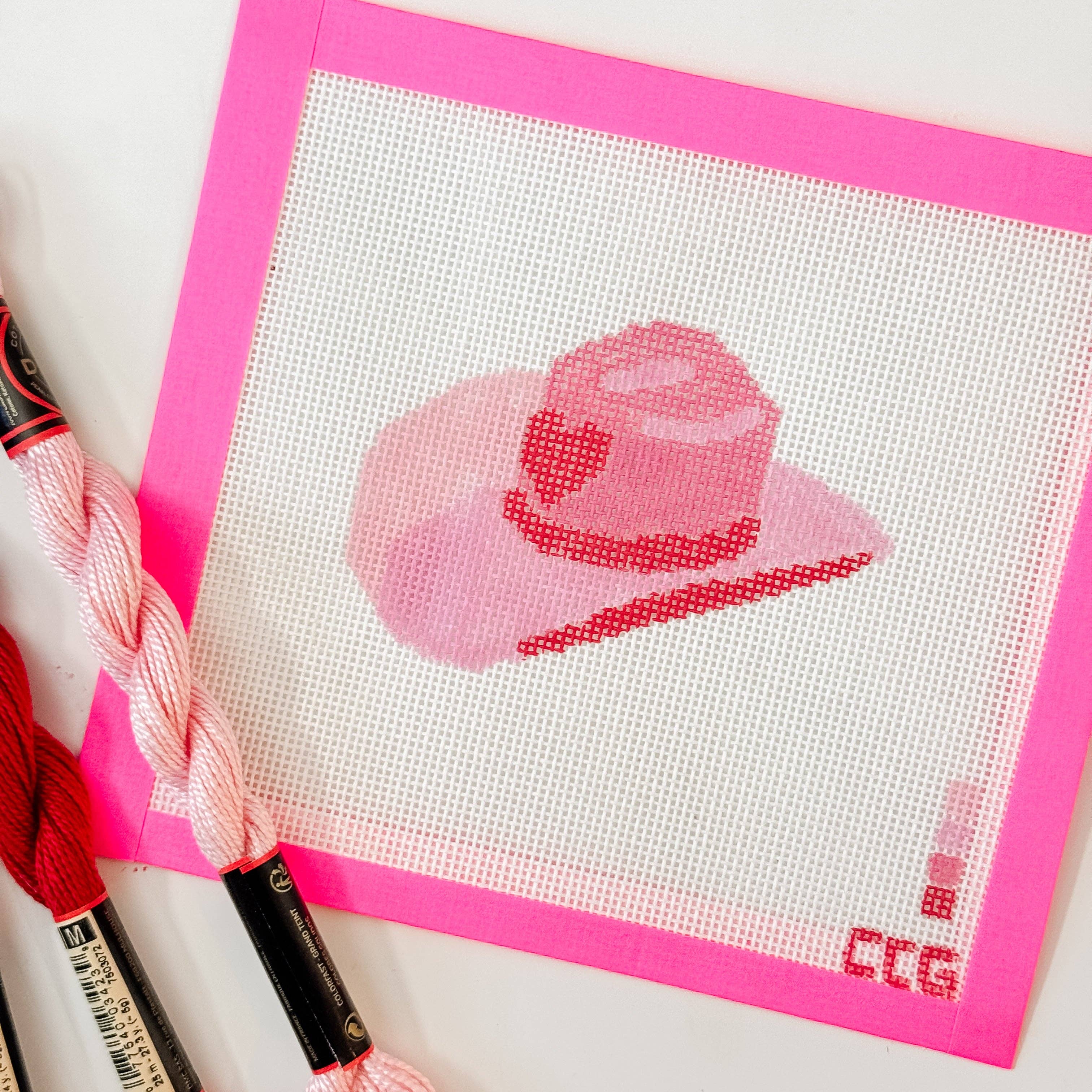 Hand-Painted Pink Cowgirl Hat Needlepoint Canvas | 3” Canvas | 18 Mesh Southern Charm Design