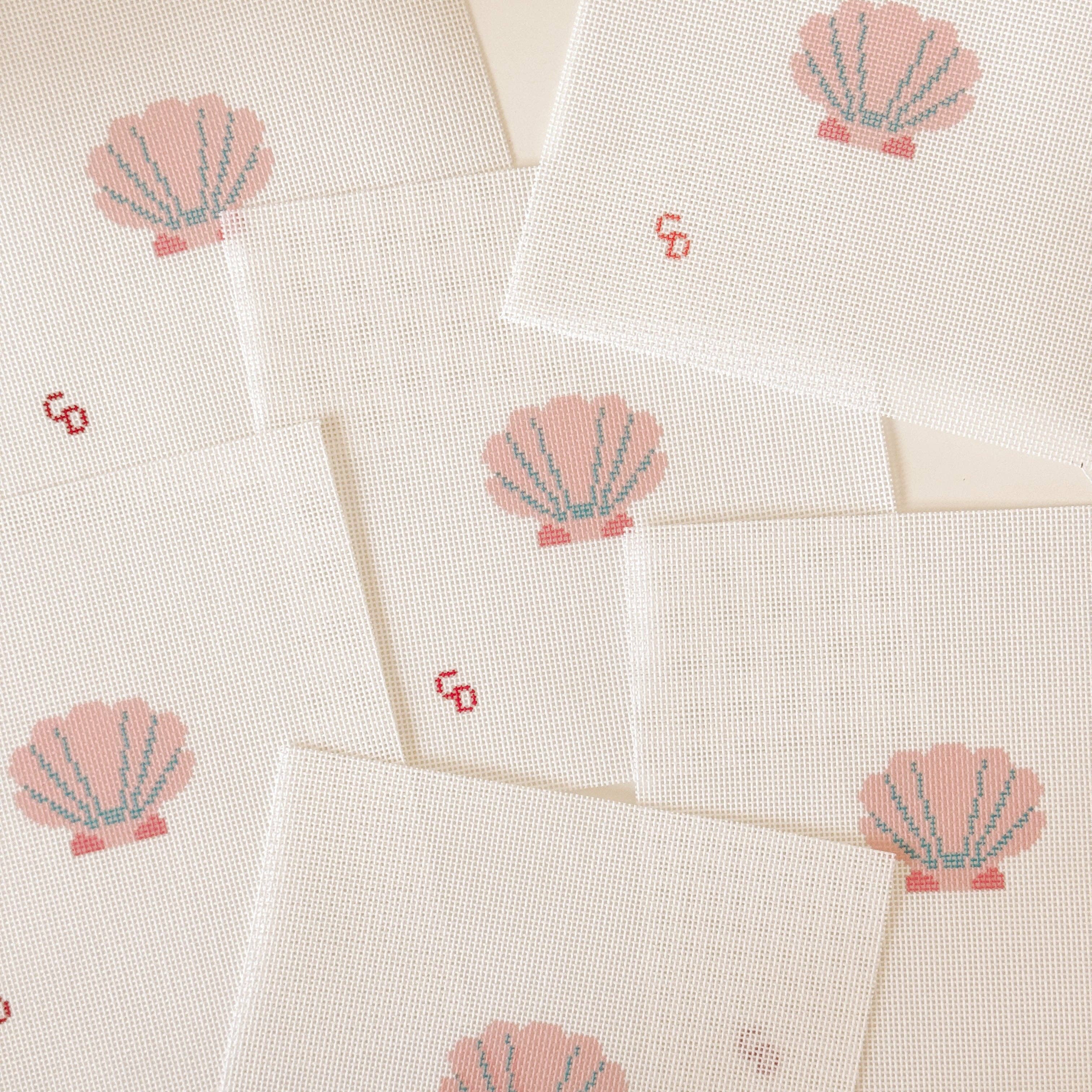 Mini Pink Seashell Stamp Needlepoint Canvas | Hand-Painted 18 Mesh Canvas, Seashell Needlepoint Canvas, Bag Charm Needlepoint Canvas