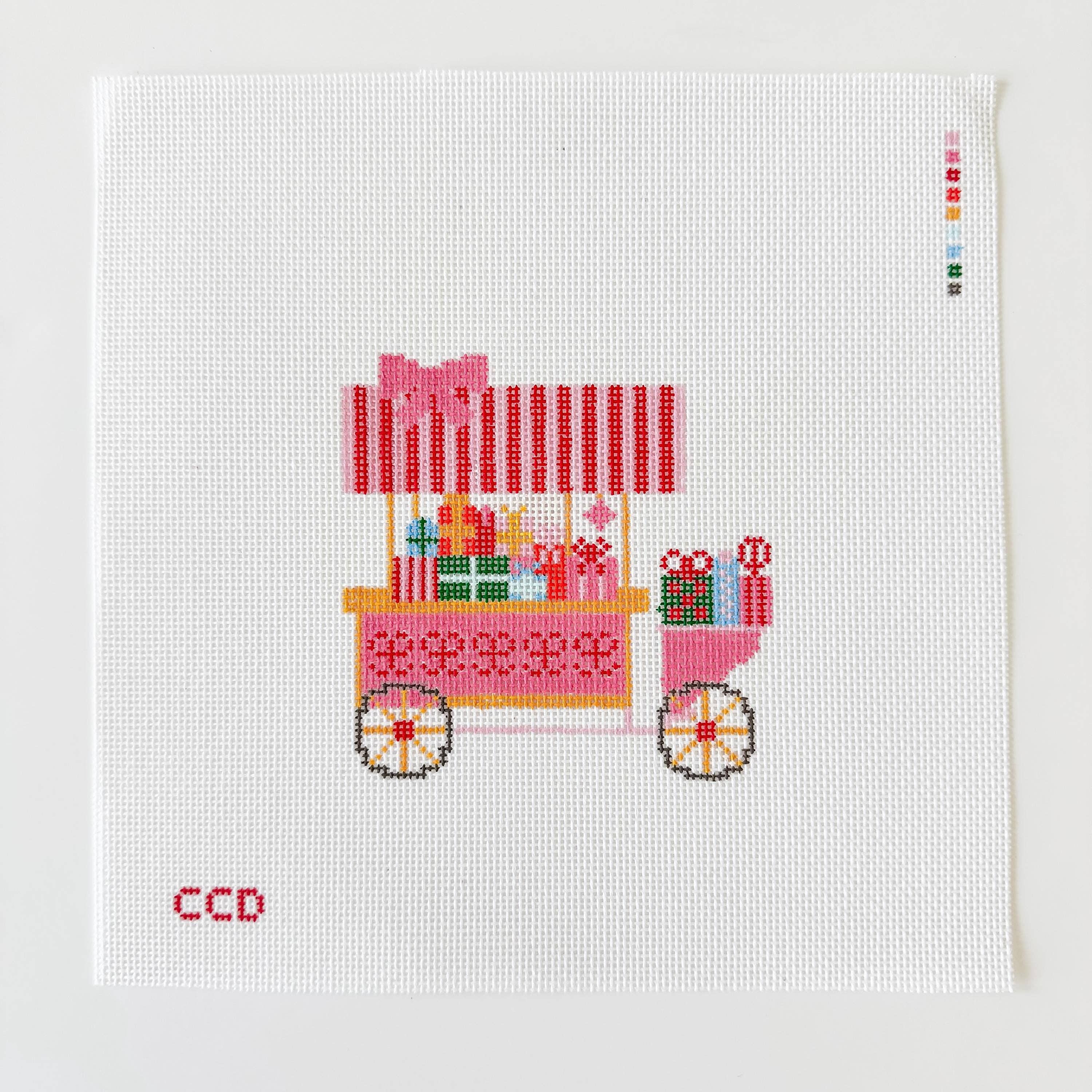 Christmas Trolley Cart Needlepoint Canvas 18 Mesh 4” Design, Christmas Ornament Needlepoint Canvas modern Hand Painted
