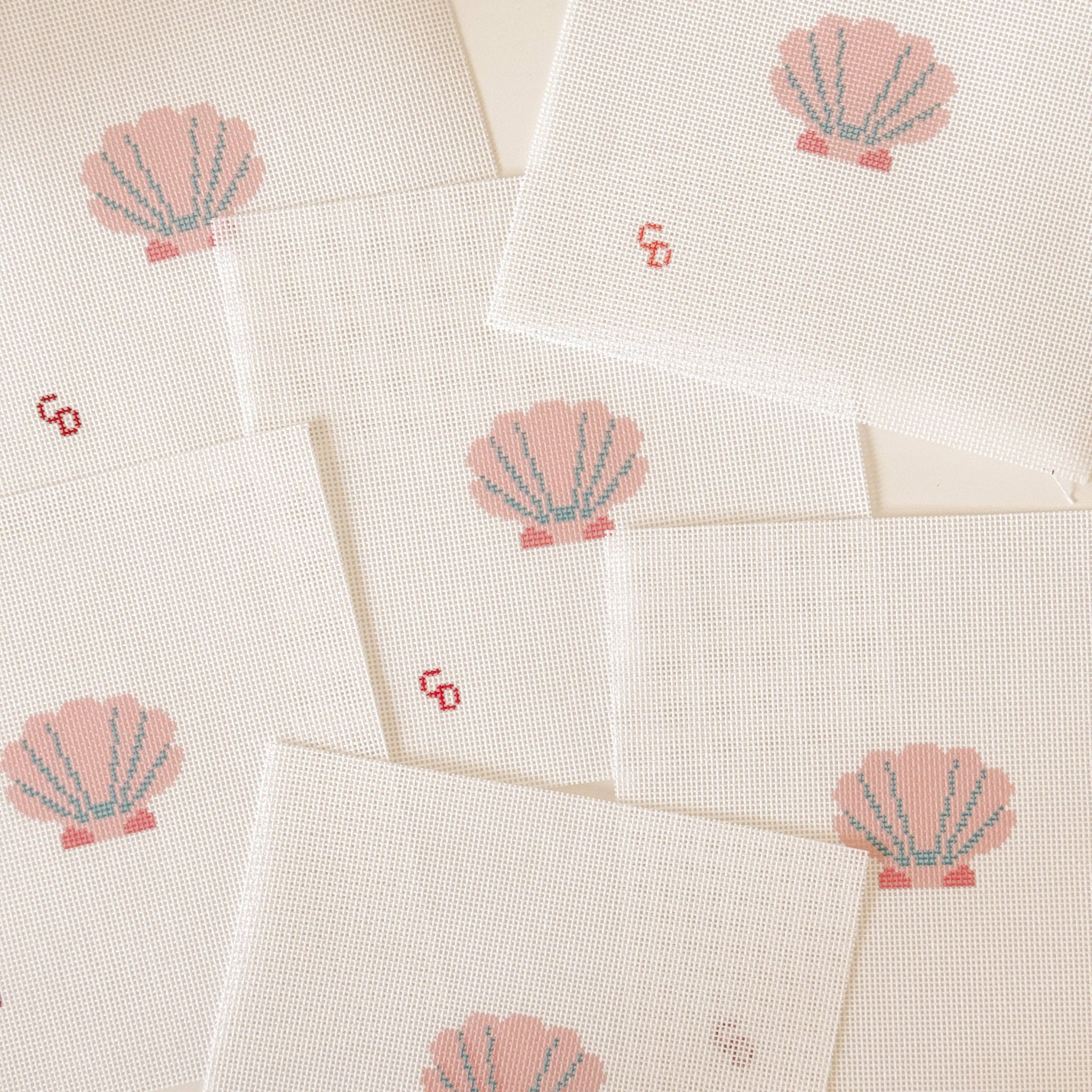 Mini Pink Seashell Stamp Needlepoint Canvas | Hand-Painted 18 Mesh Canvas, Seashell Needlepoint Canvas, Bag Charm Needlepoint Canvas