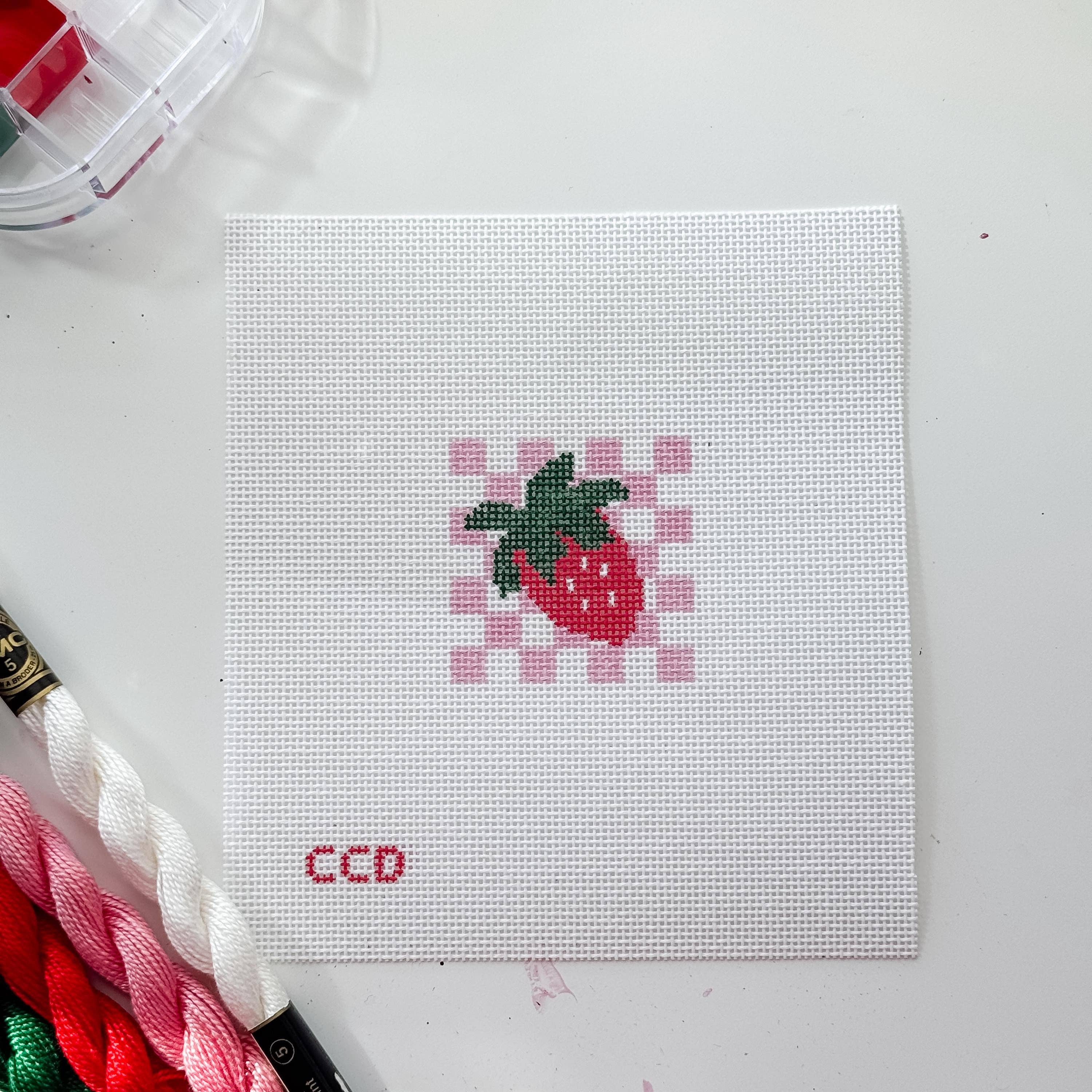 Hand Painted Strawberry Checkered 2” Needlepoint Canvas 18 Mesh Coquette Needlepoint Canvas Summer Hand Painted