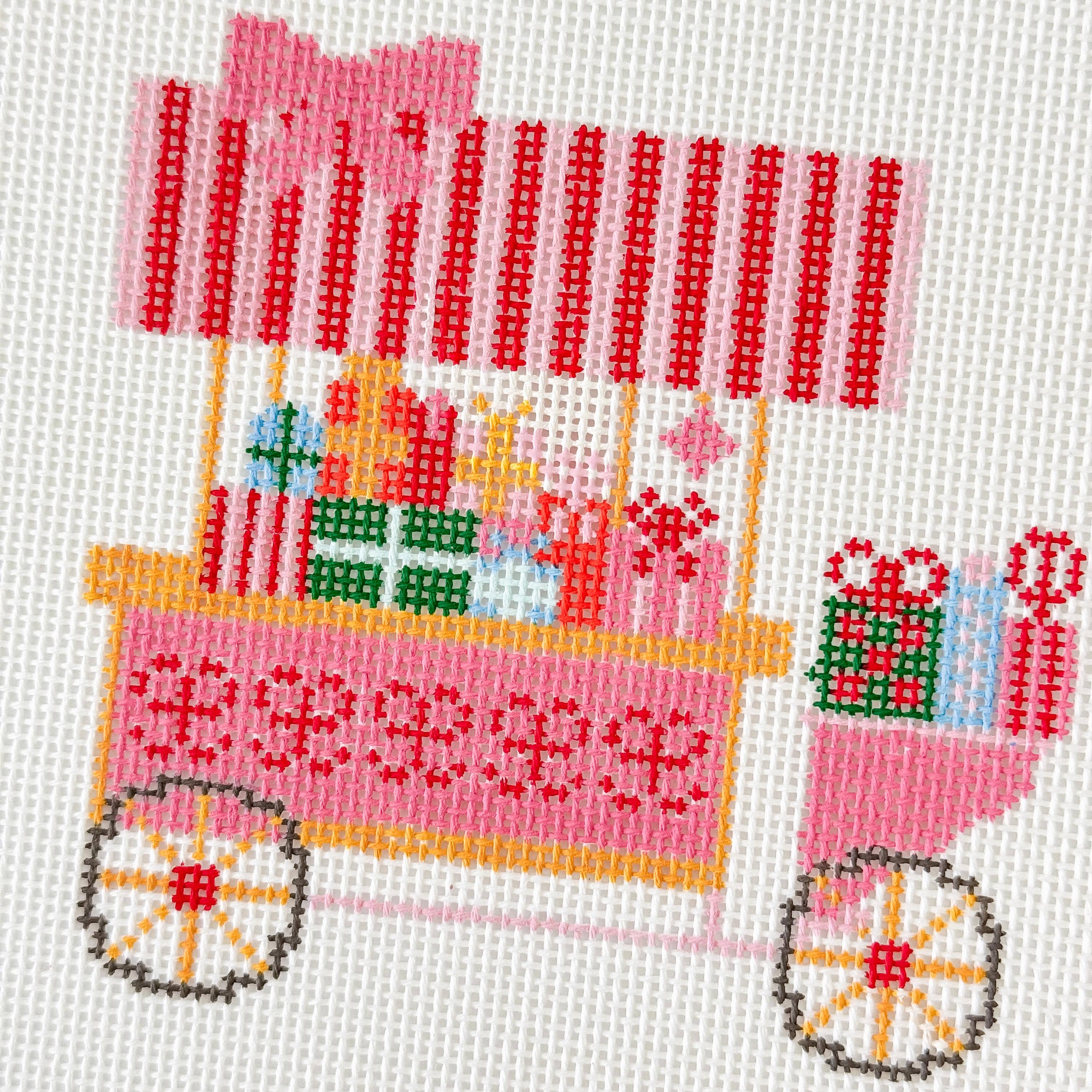 Christmas Trolley Cart Needlepoint Canvas 18 Mesh 4” Design, Christmas Ornament Needlepoint Canvas modern Hand Painted