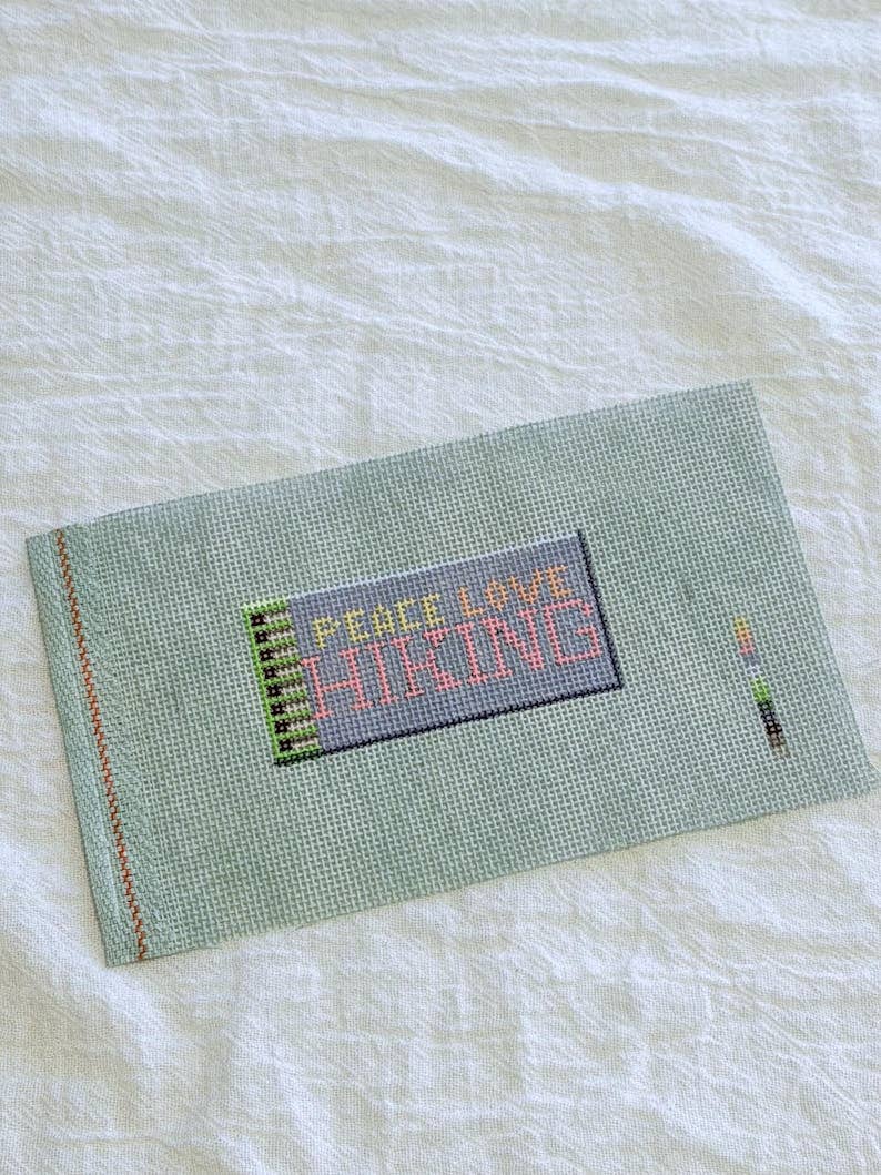 Peace Love Hiking Matchbox Needlepoint Canvas on Green 18 mesh | HandPainted