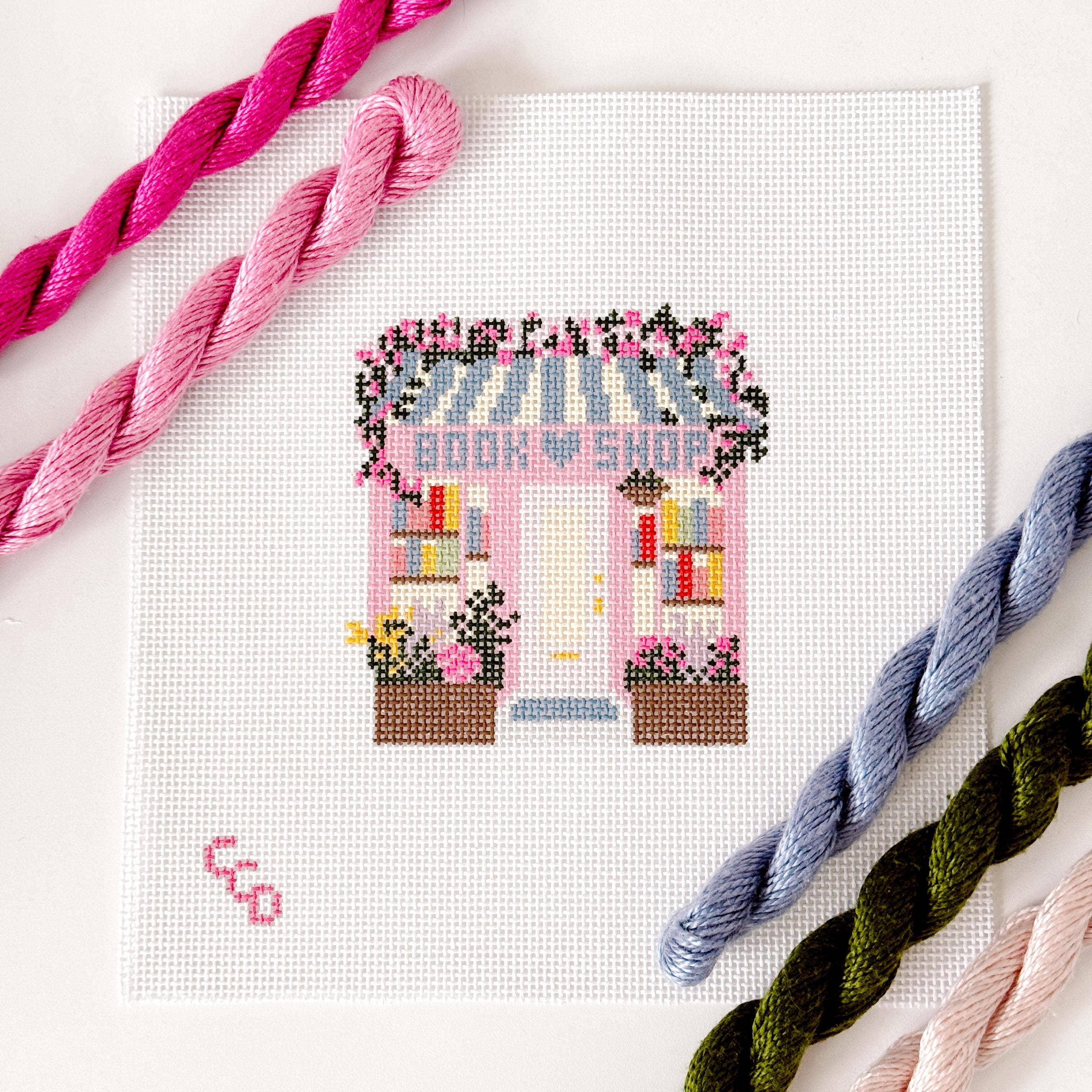 Ready to Ship Hand Painted Book Shop Storefront 6” Needlepoint Canvas 13 Mesh Reading Needlepoint Canvas Storefront Hand Painted