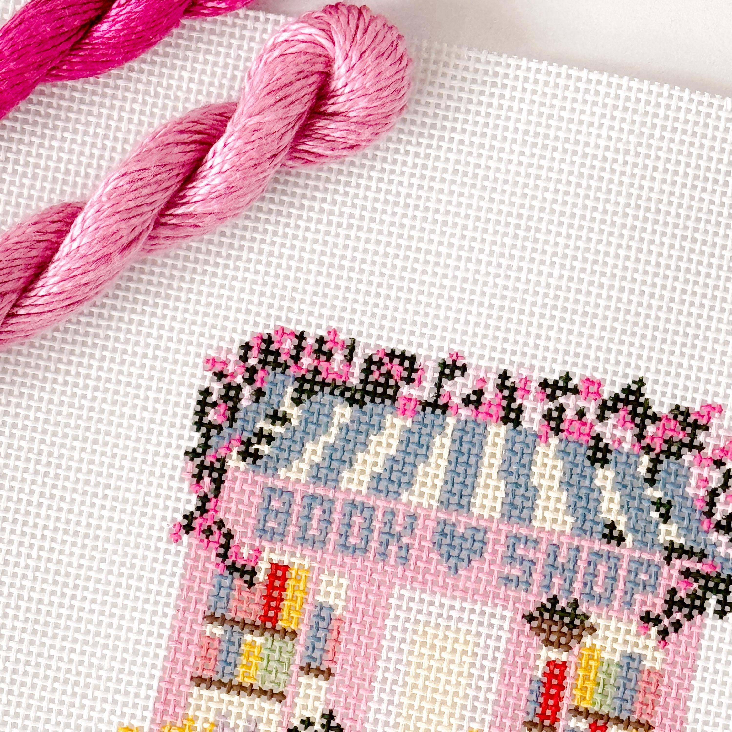 Ready to Ship Hand Painted Book Shop Storefront 6” Needlepoint Canvas 13 Mesh Reading Needlepoint Canvas Storefront Hand Painted