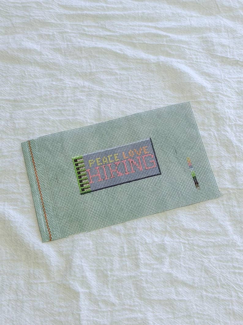 Peace Love Hiking Matchbox Needlepoint Canvas on Green 18 mesh | HandPainted