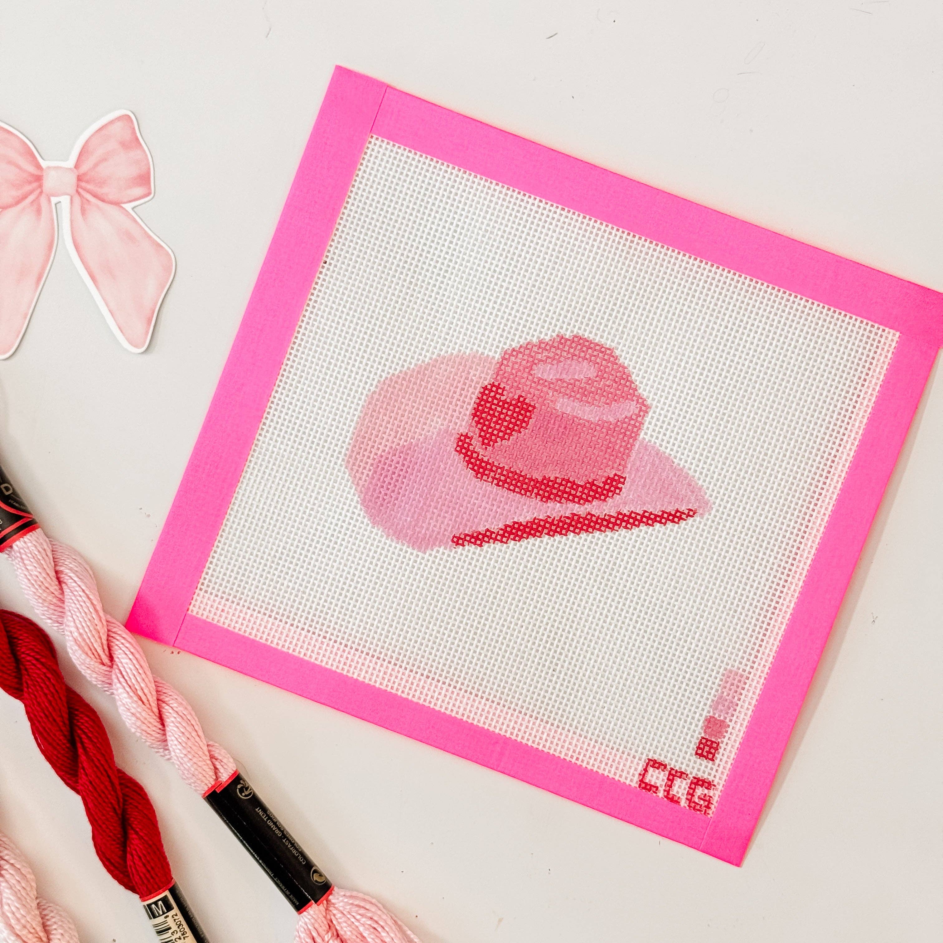 Hand-Painted Pink Cowgirl Hat Needlepoint Canvas | 3” Canvas | 18 Mesh Southern Charm Design