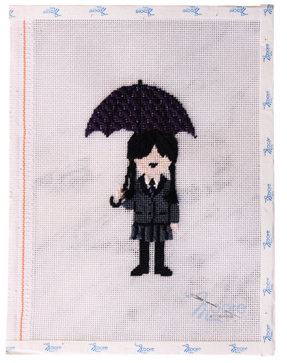 Moore Stitching Wednesday Addams needlepoint canvas stitched example