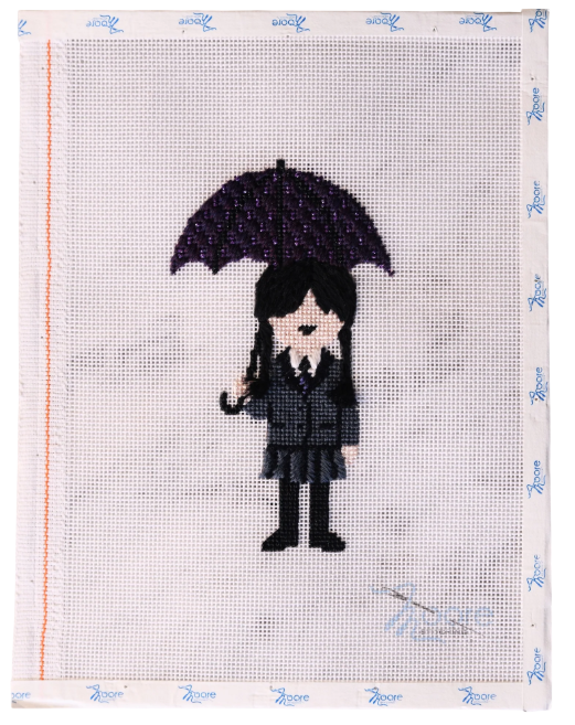 Moore Stitching Wednesday Addams needlepoint canvas stitched example